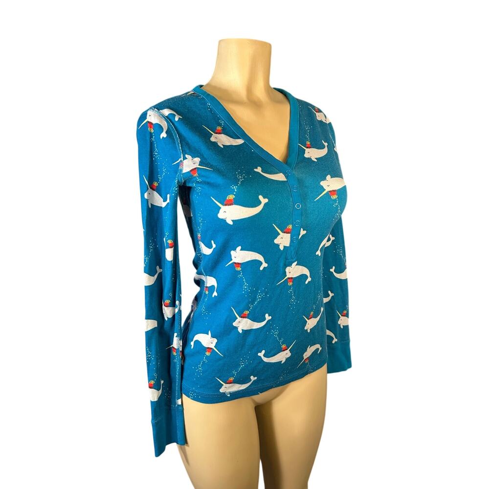 Women XS Hanna Andersson Organic Cotton Blue Narwhal Sleep PJ Henley Shirt Top